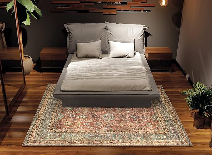 Bloom Rugs Washable Non-Slip 4' x 6' Rug - Terracotta/Mustard Traditional Area Rug for Living Room, Bedroom, Dining Room, and Kitchen - Exact Size: 4' x 6'