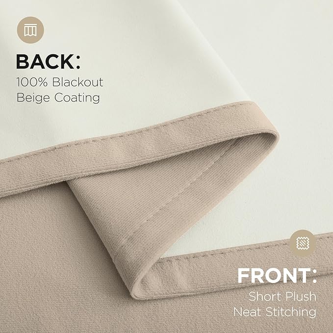 Joydeco Light Beige 100% Blackout Curtains 102 Inch 2 Panels, Luxury Thermal Light Beige Velvet Curtains for Bedroom Living Room, Soundproof Blackout Window Drapes, Rod Pocket & Back Tab (52W x 102L)