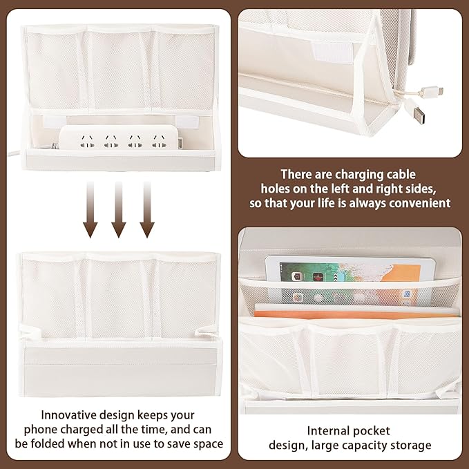 Bedside Caddy Bedside Storage Organizer Bedside Organizer with Power Strip Holder and 2 Adjustable Straps for Home Bunk Bed College Dorm Sofa (2 Pack White)