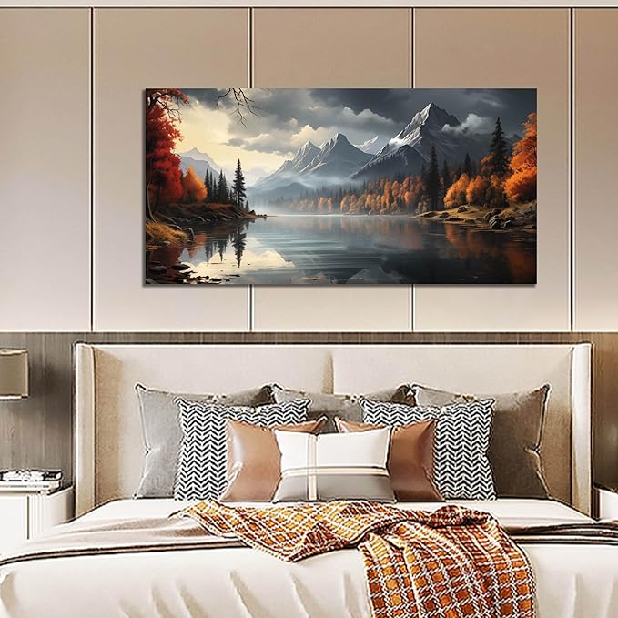 Landscape Wall Art for Living Room Bedroom Home Office Gray Wall Art Mountain Lake Pictures Modern Landscape Large Artwork Framed Canvas Prints 29x59 Inch