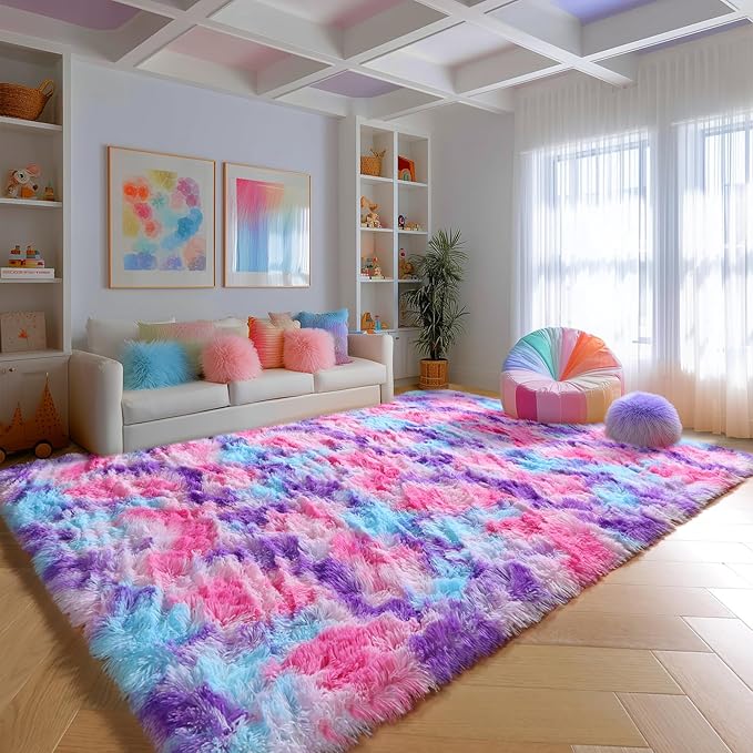 PAGISOFE Ultra Soft Rainbow Area Rugs for Girls Bedoom 4x6 Ft, Fluffy Cute Colorful Pastel Princess Carpet for Kids Teens Nursery,Dorm Rug for Room Decor Aesthetic,Hot Pink Purple Bedroom Decor