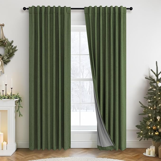 Ptialk Elegant Blackout Curtains for Living Room Eclectic Moody Dark Olive Green Linen Curtains 72 Inch Length 2 Panels Set Long Drapes for Closet Cover Back Tab Rod Pocket Hunter Green 52x72