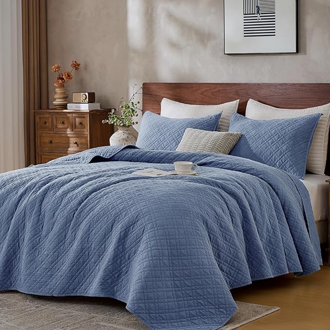 DOWN HOME Twin Quilt Set with Sham Lightweight Quilted Bedspread Coverlet Thin Comforter Bed Cover Vintage Washed Quilted Blanket for All Season, Brushed Microfiber Diamond Stitching, Blue, 66"x92"