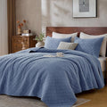 DOWN HOME Twin Quilt Set with Sham Lightweight Quilted Bedspread Coverlet Thin Comforter Bed Cover Vintage Washed Quilted Blanket for All Season, Brushed Microfiber Diamond Stitching, Blue, 66"x92"