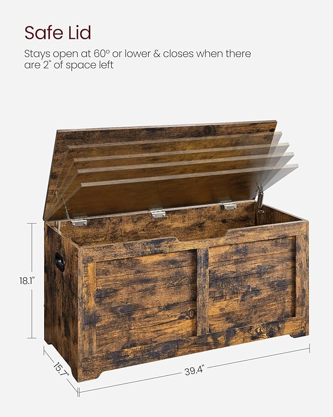 VASAGLE Storage Chest, Storage Bench with 2 Safety Hinges, Farmhouse Style, 15.7 x 39.4 x 18.1 Inches, for Entryway, Bedroom, Living Room, Rustic Brown ULSB061T01