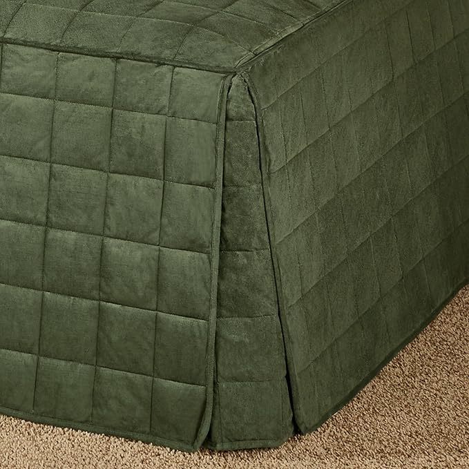 Camden Luxury Bedding | Warm Deep Sage Green Color | Fitted Hollywood Daybed Bedding | Faux Suede Box Quilted Design | 5 Piece Set Includes Hollywood Cover, 2 Bolster Shams, and 2 Bolster Pillows