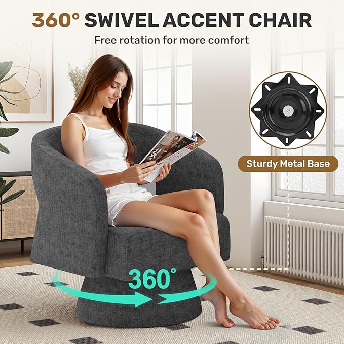 Swivel Accent Chair, Modern Comfy Chenille Barrel Chairs, Oversized Upholstered Round Arm Chair for Living Room, Bedroom, Reading Room, Black, 1 PCS
