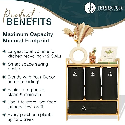 Terratur 4 Section Recycling Bin for Kitchen – Dual Trash and Recycle Bins for Paper, Plastic, Cans – Indoor Bamboo Recycling Organizer – Decorative Wooden Recycle Bins for Kitchen & Office