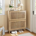 Shoe Storage Cabinet with 2 Flip Slatted Drawers, Narrow Freestanding Shoe Cabinet with Gold Handle, Hidden Entryway Shoe Organizer for Hallway, Foyer, Natural Oak