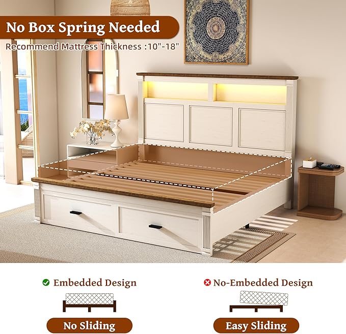 King Size Bed Frame with 53" Tall Headboard, Farmhouse Platform Bed Frame with Roman Column Decoration Footboard & 2 Storage Drawers, LED Built in Charging Station, No Box Spring Needed（Rust White)