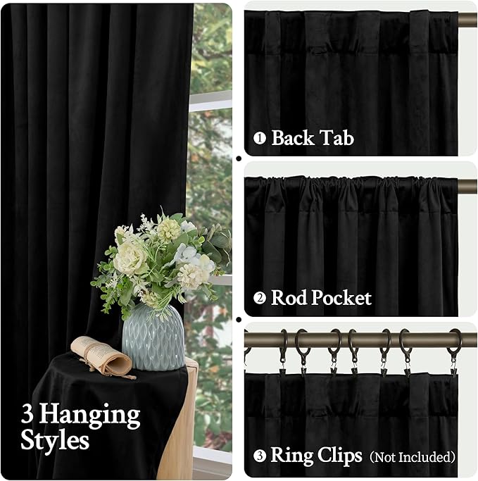 LAMIT Black Velvet Blackout Curtains 90 Inches Long, Luxury Thermal Room Darkening Panels for Bedroom Back Tab and Rod Pocket Soundproof Halloween Drapes for Living Room, 2 Panels, 52 x 90 Inch