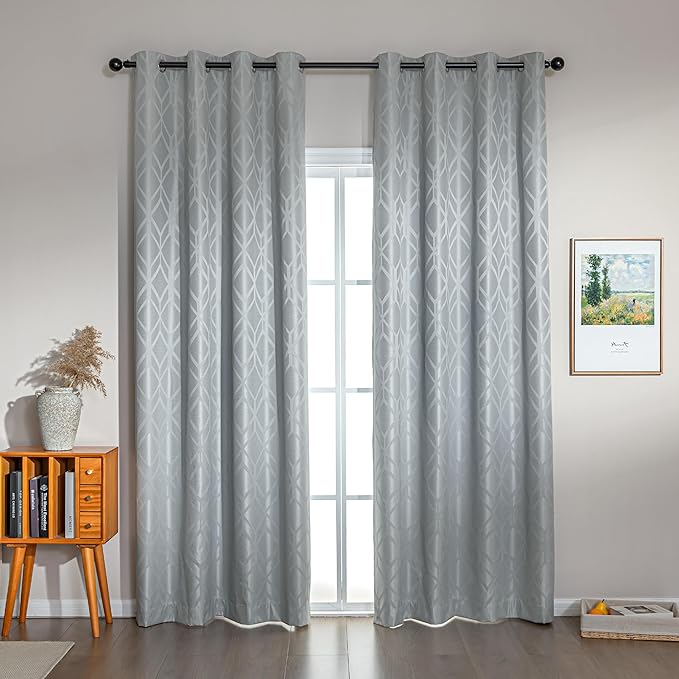Amazon Basics Jacquard 2-Piece 100% Blackout Curtains, Living Room and Bedroom Drapes, Thermal Insulated Window Treatment, 42"x95", Light Grey