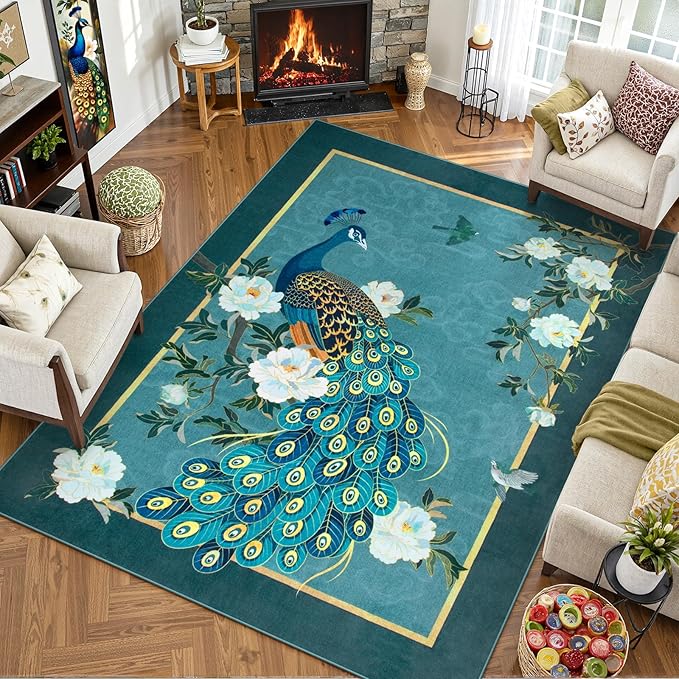 Lahome Peacock Washable Rugs 5x7, Soft Blue Rug for Living Room Bedroom, Floral Vintage Non-Slip Low Pile Stain Resistance Carpet for Farmhouse Dining Room Office, Blue