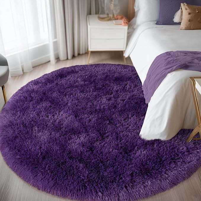 Round Purple Rug for Bedroom, 7 ft Circle Area Rugs for Living Room, Soft Large Fluffy Shag Carpet for Teen Girls Boys Nursery Room Dorm Home Decor Aesthetic