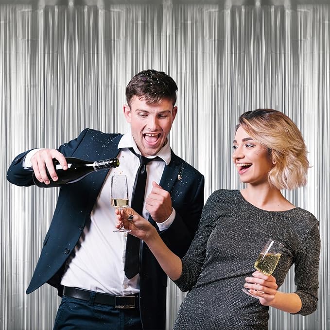 GOER 3.2 ft x 8.2 ft Metallic Tinsel Foil Fringe Curtains Party Photo Backdrop Party Streamers for Birthday,Graduation,New Year Eve Decorations Wedding Decor (4 Pcs,Matte Silver,Thick Material)