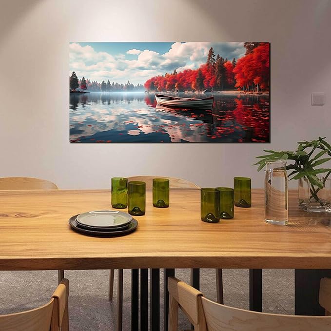 Large Wall Art for Living Room Bedroom Office Red Forest Wall Art Lake Landscape Pictures Modern Artwork Framed Canvas Prints 24x48 Inch
