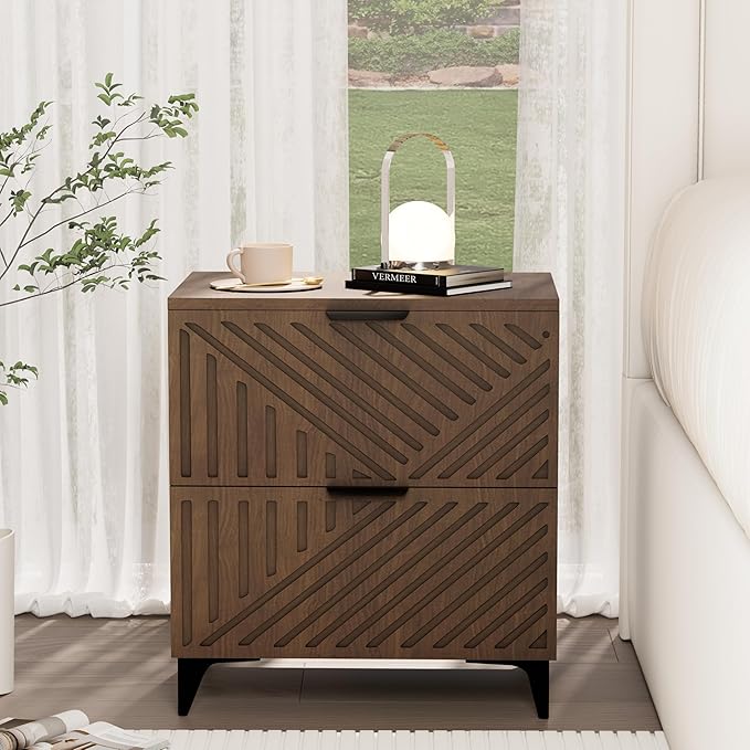 Royal Windsor Small Fluted Nightstand Set of 2 with 2 Drawers, Side End Table, Small Accent Storage Cabinet,Modern Night Stand Bedside Table for Bedroom Full Size Bed, Brown