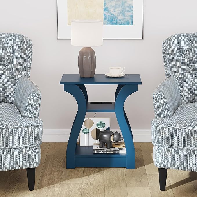End Table with Charging Station, Side Table with USB Ports and Outlets, Nightstand, 3 Tier End Table with Storage Shelf for Living Room, Bedroom, Navy Blue, Set of 2