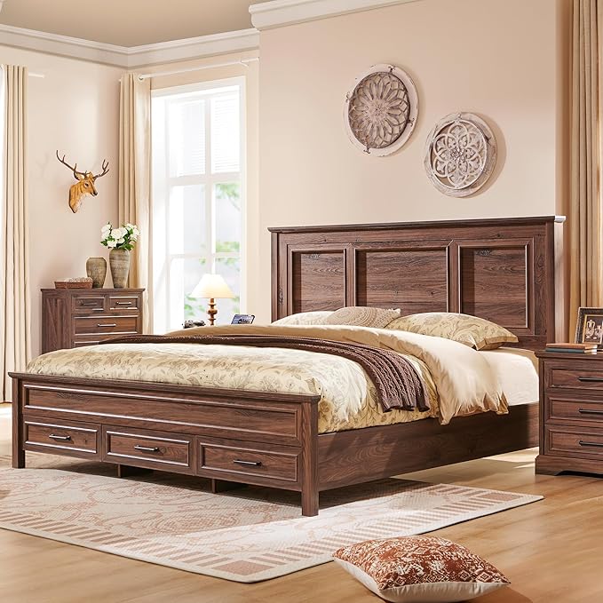 ACCOHOHO Farmhouse Queen Size Bed Frame with 52" Tall Headboard, Wood Platform Bedframe with Footboard and Storage Drawers, No Squeak, No Box Spring Needed, Brown