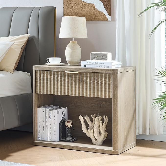 LEYAOYAO 31" Wide Fluted Nightstand with Charging Station, Oversized Extra Large 1 Drawer Night Stand with Golden Handle, Grey Wood Bedside Table Tall End Tables,for Bedroom, Living Room, Hallway