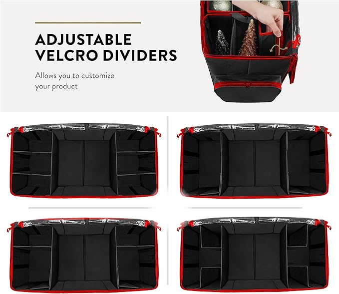 ZOBER All in One Christmas Ornament Storage Box & Decoration Container - Easy Access Removable Trays, Keeps 73 Ornaments - Adjustable Extent Area for Figurines and Pockets for Decoration - Black