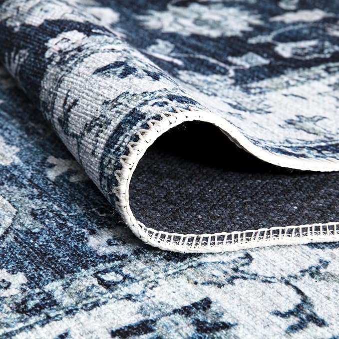 Bloom Rugs Washable Non-Slip 4' x 6' Rug - Dark Blue Traditional Bordered Area Rug for Living Room, Bedroom, Dining Room, and Kitchen - Exact Size: 4' x 6'