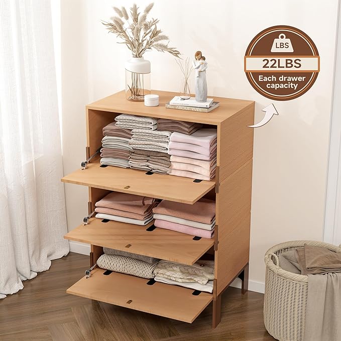 Stackable 3 Drawers Dresser, Customizable Chest of Drawers for Bedroom, Living Room, Hallway, Entryway, Easy Assembly Wood Furnitures Cabinet, 24 inch Width Beech Color