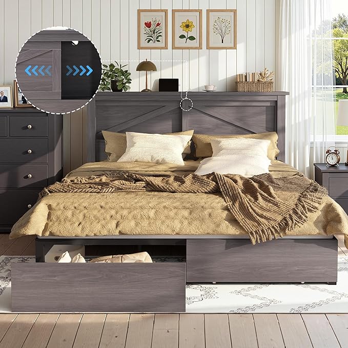 AMERLIFE 47.2" H Queen Bed Frame with Hidden Space Bookcase Headboard and Charging Station, Beds with 2 Storage Drawers and Wood Slats, No Box Spring Needed, Grey