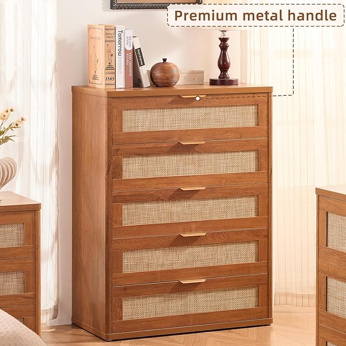 LEYAOYAO Dresser for Bedroom, 41" Tall Chest of Drawers, Modern 5 Drawers Boho Rattan Dressers with Storage, Dresser Wooden Closet Organizer for Living Room, Hallway, Tea Brown