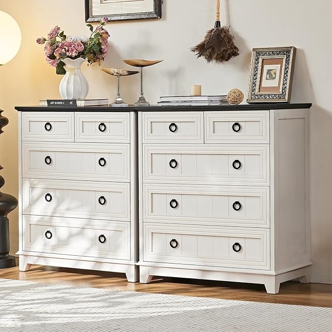 Farmhouse 5 Drawer Dresser for Bedroom Set of 2, 33.2" Tall Small Dressers & Chest of Drawers, Rustic Wood Dresser with Metal Handle, Storage Organizer Closet for Living Room, Hallway,Entryway