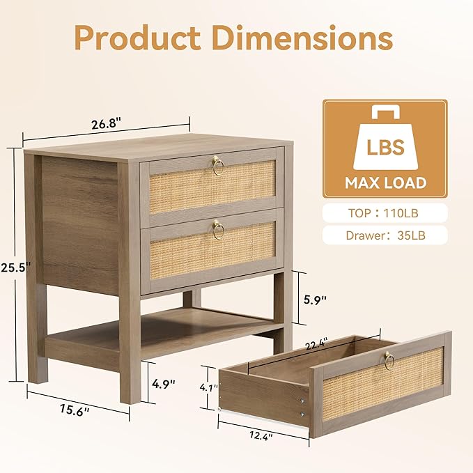 Rattan Nightstand with 2 Drawers and Storage Shelf, 26” Tall Wide Night Stand, Wood Large Bedside Table with Golden Handle for Bedroom, Side Table, Carbon Cherry
