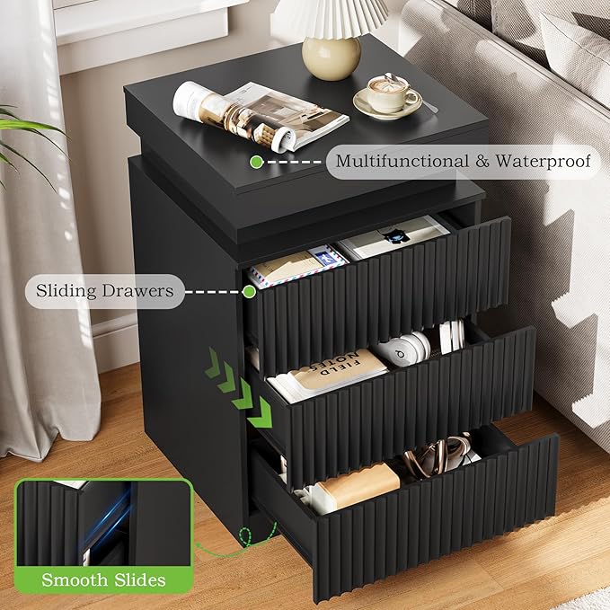 Nightstand with Charging Station & LED Lights, Modern Small Fluted Bedside & End Table with 3 Drawers, Sliding Top & Hidden Storage, Wooden Farmhouse Night Stand for Bedroom Office or Sofa, Black