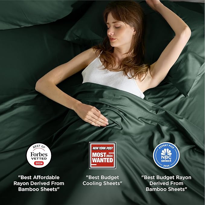 Bedsure King Size Sheets Set, Cooling Sheets for Hot Sleepers, Rayon Derived from Bamboo, Breathable & Soft, Deep Pocket Up to 16 Inches, Hotel Luxury Silky Bedding, Forest Green