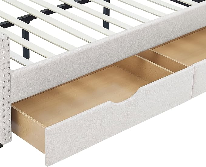 Favfurish Full Size Daybed with 2 Storage Drawers,Linen Upholstered Sofa Bed W/Button on Back & Copper Nail on Waved Shape Armrests,No Spring Box Need,Wood Bedframe for Living Room Bedroom Dorm,Beige