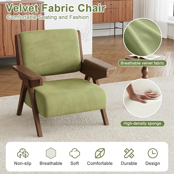 Accent Chair Mid Century Modern Chair, Velvet Upholstered Lounge Arm Chair with Solid Wood, Cozy Reading Chair for Living Room, Bedroom, Balcony (Green)