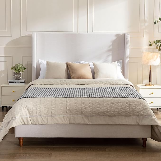 King Size Upholstered Bed Frame, Harper 54" Tall Headboard Platform Beds, Wingback Headboard Bedframes/No Box Spring Needed/Easy Assembly/Elegant Simplicit, Ivory Chenille