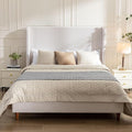 King Size Upholstered Platform Bed with 54" Tall Wingback Headboard/Elegant Upholstered Bed Frame Without Wooden Slats/Box Spring Required/Easy Assembly/Textured Ivory Canvas