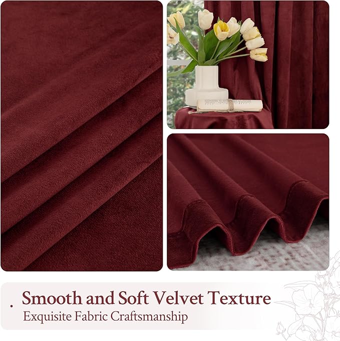 LAMIT Burgundy Red Velvet Curtains 108 Inch for Living Room, Vintage Thermal Insulated Theater Panels Room Darkening Back Tab and Rod Pocket Christmas Drapes for Bedroom, 2 Panels, 52 x 108 Inch