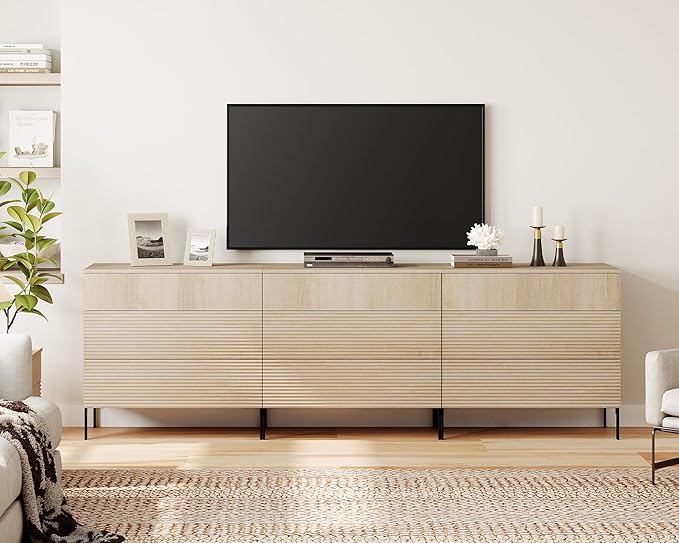 WAMPAT 94.5" W Fluted Dresser for Bedroom, Modern 9 Drawer Dresser TV Stand with Hidden Handles, Wooden Chest of Drawers Closet Clothes Storage Organizer for Bedroom, Living Room, Beige
