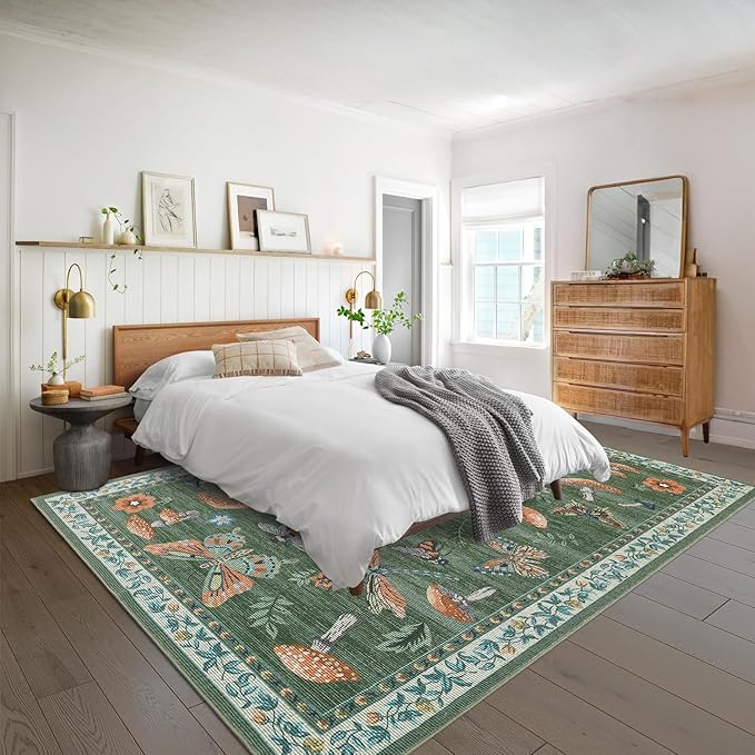 Mushroom Washable 8x10 Rug for Living Room Non Slip 8 x 10 Rug for Bedroom with Rubber Back Soft Low-Pile Stain Resistant Foldable Large Carpet for Office Nursery Dining Room Green