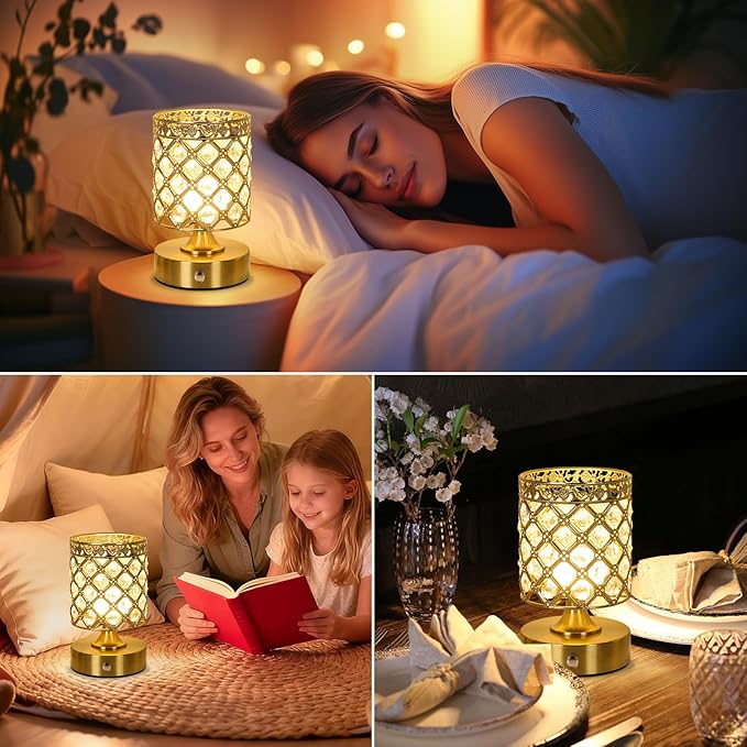 TOBUSA Gold Rechargeable Cordless Table Lamp, 6000mAh Crystal Battery Operated Lamp with 3 Color Temps & Stepless Dimming, Portable Bedside Touch Small Desk Lamp, Vintage Wireless LED Night Light