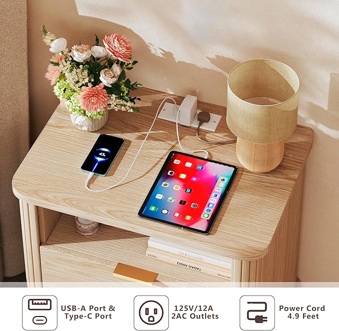 Fluted Nightstand, Night Stand with Charging Station, Mid Century Modern Bedside Table with Drawer & Open Shelf, Curved Profile Design, End Side Table with Storage for Bedroom, Oak