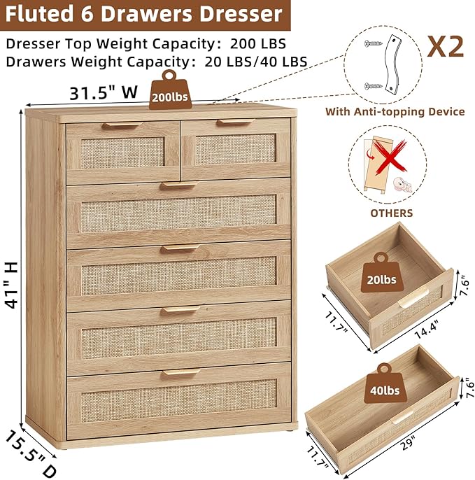 LEYAOYAO Rattan Dresser for Bedroom Set of 2, 41" Tall Chest of Drawers, Modern 6 Drawers Boho Dressers with Storage, Light Oak Dresser Wooden Closet Organizer for Living Room, Hallway, Natural Wood