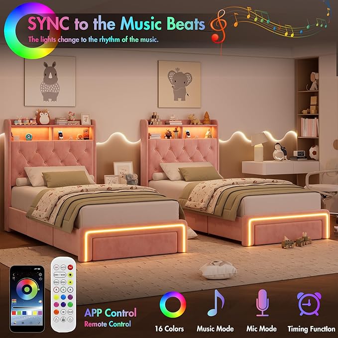 Twin LED Bed Frame with Storage Headboard & Charging Station, Velvet Fabric Platform Bed Frames with 3 Drawers, Button Tufted Upholstered, No Box Spring Needed, Pink