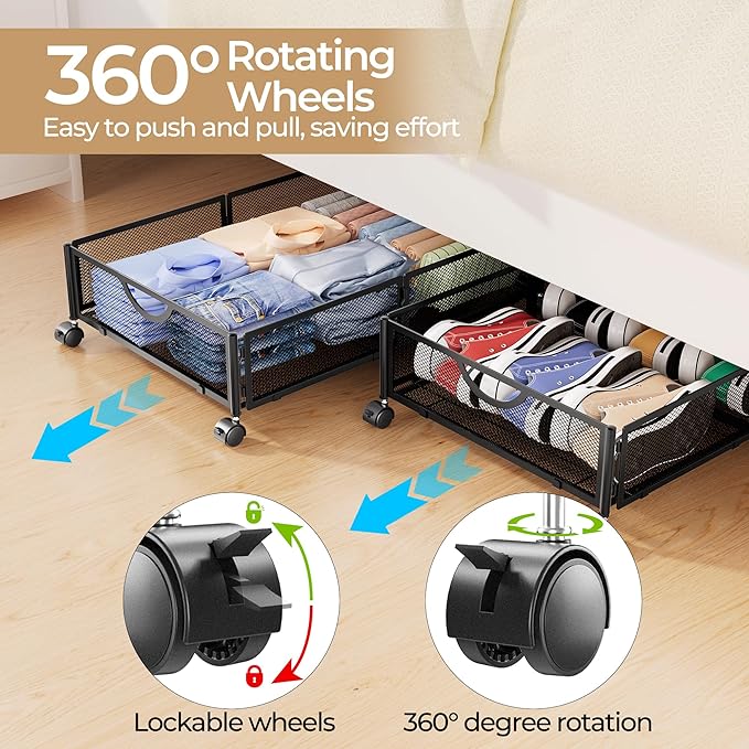 Yecaye Under Bed Storage with Wheels, 2 Pack Under Bed Shoe Storage Organizer Drawer, Tool-free Assembly Metal Underbed Storage Containers for Clothes, Shoes, Black