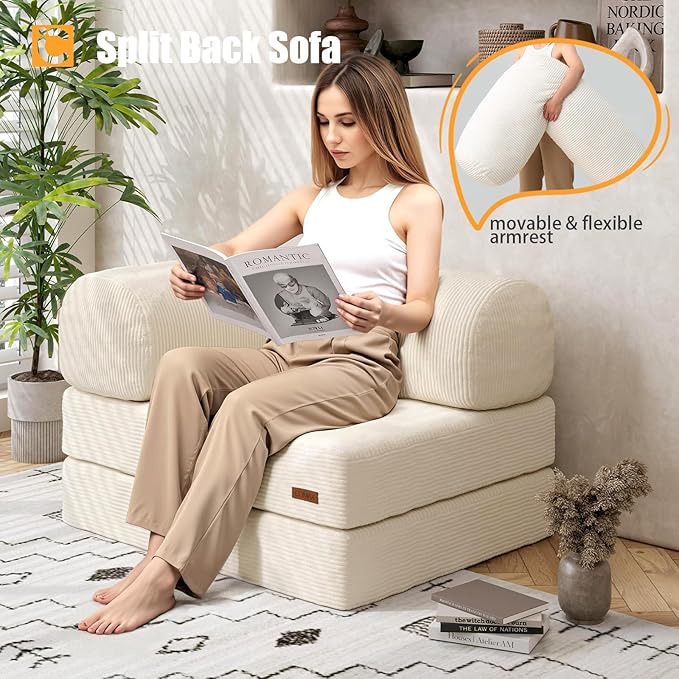 COMAX Folding Sofa Bed, Fold Out Chair, Foldable Sofa, Convertible Sleeper Chair for Adults, Futon Single Small Floor Couch for Spaces, Bedroom Living Room Guest Room, Beige