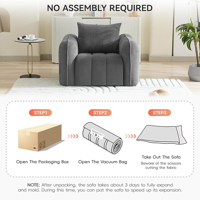 Oversized Boneless Corduroy Accent Chair, Comfy Deep Seat Armchair for Bedroom, Modern Upholstered Living Room Sofa Chair with Pillow, No Assembly, Grey