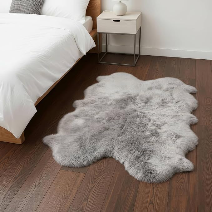 Silver Gray Sheepskin Rug for Bedside - 4x6 Sheep Skin Living Room Rugs - Soft & Fluffy Textured Natural Fur Bedroom Rug