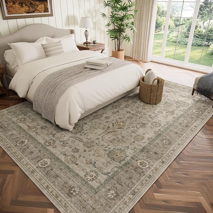 Washable 8x10 Area Rugs for Living Room, Boho Non-Slip Vintage Distress Large Rugs for Bedroom Dining Room Nursery Office, 0.3" Neutral Oriental Throw Thin Carpet, Flaxen/Brown/Multi