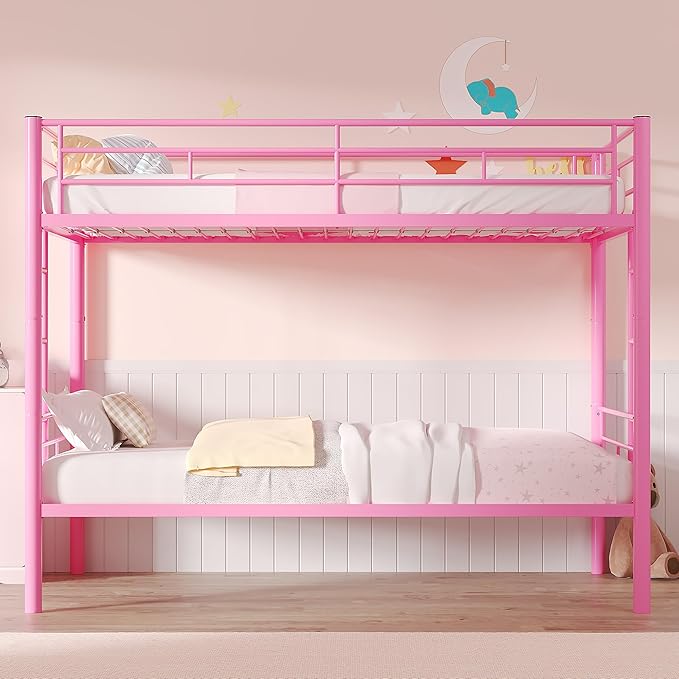 VECELO Bunk Bed Twin Over Twin, Metal Bunkbeds with Ladder and Full-Length Guardrail, No Box Spring Needed, Space Saving, Noise Free, Light Pink